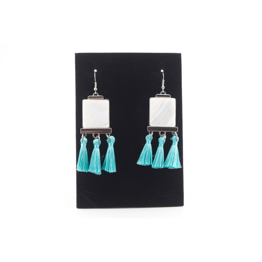 Paparazzi Tassel Retreat Turquoise White Shell Silver Dangle Earrings Character